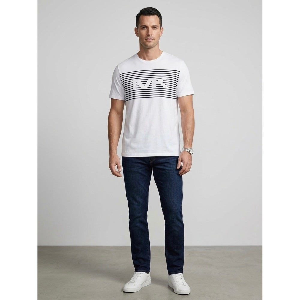 Michael Kors White Black Mens MK Logo Striped Graphic T-Shirt Size XL